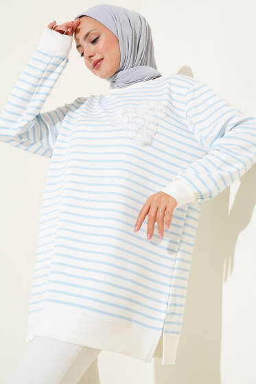 Çiçek Detaylı Çizgili Tunik Buz Mavisi - Tunik
