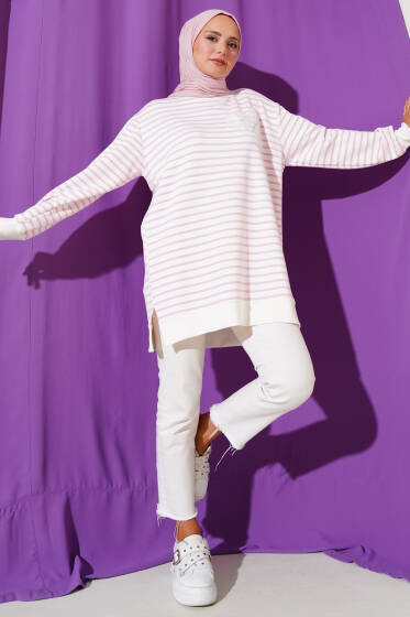 Çiçek Detaylı Çizgili Tunik Pembe - Tunik