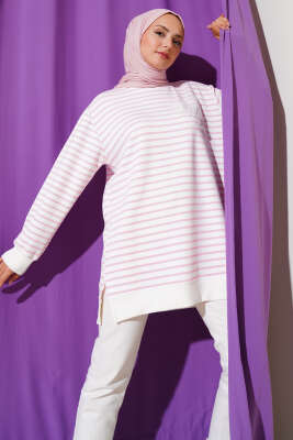Çiçek Detaylı Çizgili Tunik Pembe - Tunik