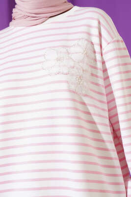 Çiçek Detaylı Çizgili Tunik Pembe - Tunik