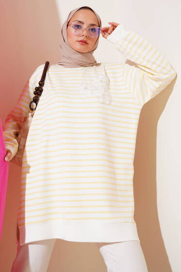 Çiçek Detaylı Çizgili Tunik Sarı - Tunik