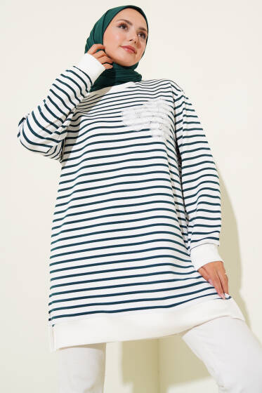 Çiçek Detaylı Çizgili Tunik Zümrüt - Tunik