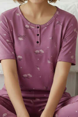 Çiçek Detaylı Düğmeli Kısa Kol Pijama Takımı Gül Kurusu - Pijama