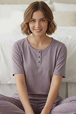 Çiçek Detaylı Düğmeli Kısa Kol Pijama Takımı Gül Kurusu - MANOLYA