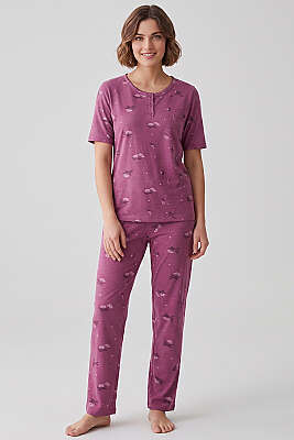 Çiçek Detaylı Düğmeli Kısa Kol Pijama Takımı Magenta - Pijama