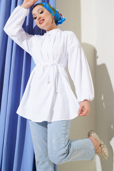 Çiçek Detaylı İp Kuşaklı Tunik Beyaz - Tunik