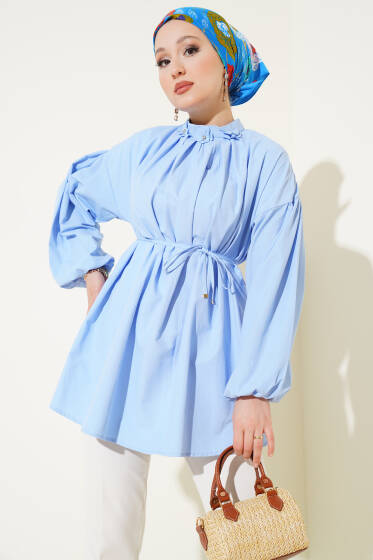 Çiçek Detaylı İp Kuşaklı Tunik Mavi - Tunik