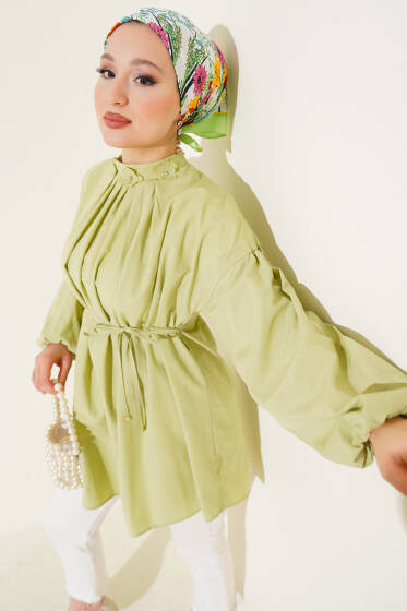 Çiçek Detaylı İp Kuşaklı Tunik Su Yeşili - Tunik