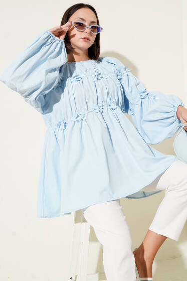 Çiçek Detaylı Kol Lastikli Tunik Bebe Mavi - Tunik