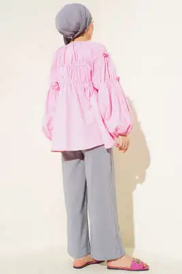 Çiçek Detaylı Kol Lastikli Tunik Pembe - Tunik