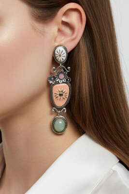 Çiçek Detaylı Küpe Gümüş Yeşil - Yılın Fırsatı