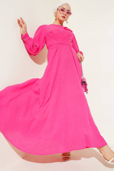 Çiçek Detaylı Önü Çapraz Bağlamalı Elbise Fuşya - Elbise