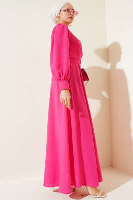 Çiçek Detaylı Önü Çapraz Bağlamalı Elbise Fuşya - Tesettür Elbise