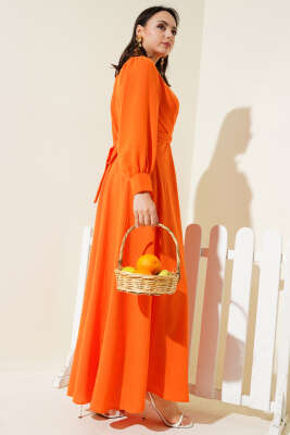 Çiçek Detaylı Önü Çapraz Bağlamalı Elbise Oranj - Tesettür Elbise