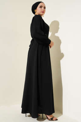 Çiçek Detaylı Önü Çapraz Bağlamalı Elbise Siyah - Tesettür Elbise