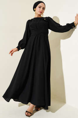 Çiçek Detaylı Önü Çapraz Bağlamalı Elbise Siyah - Tesettür Elbise