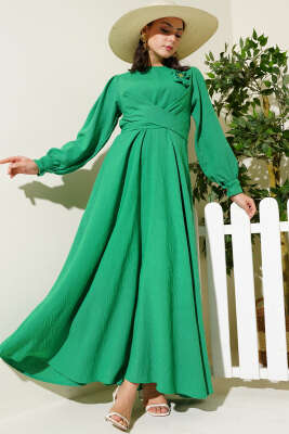 Çiçek Detaylı Önü Çapraz Bağlamalı Elbise Yeşil 