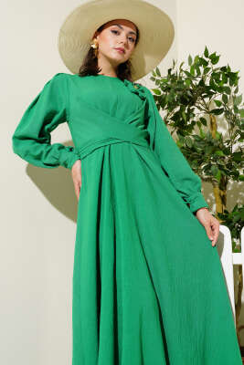 Çiçek Detaylı Önü Çapraz Bağlamalı Elbise Yeşil - Tesettür Elbise