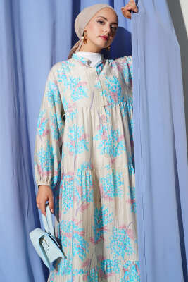 Çiçek Detaylı Yarım Düğmeli Elbise Bebe Mavi - 500-700 TL Ürünler