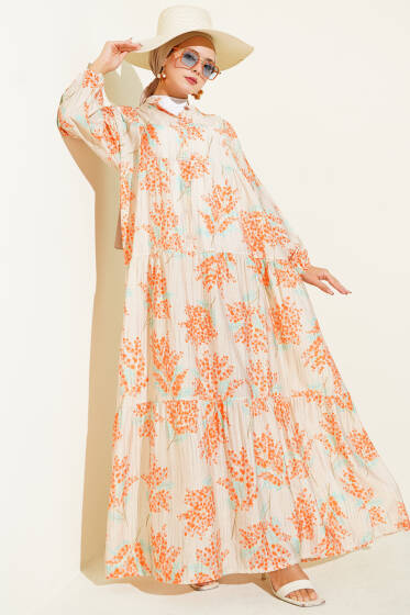 Çiçek Detaylı Yarım Düğmeli Elbise Oranj - Elbise