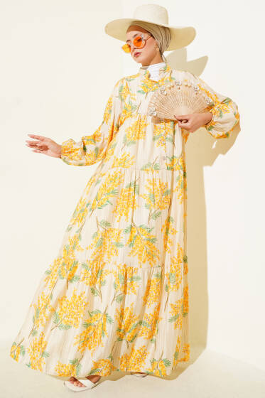 Çiçek Detaylı Yarım Düğmeli Elbise Sarı - Elbise