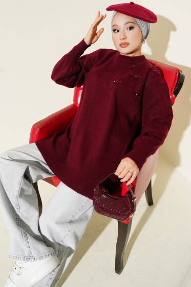 Çiçek Detaylı Yumoş Triko Tunik Bordo - Tunik