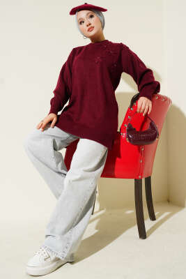 Çiçek Detaylı Yumoş Triko Tunik Bordo - Tunik