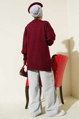 Çiçek Detaylı Yumoş Triko Tunik Bordo - Tunik