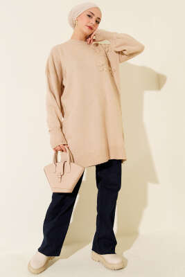 Çiçek Detaylı Yumoş Triko Tunik Latte - Tunik