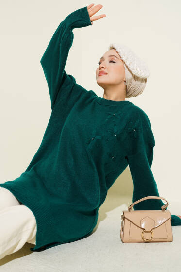 Çiçek Detaylı Yumoş Triko Tunik Nefti - Tunik