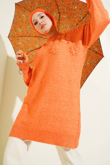 Çiçek Detaylı Yumoş Triko Tunik Oranj - Tunik