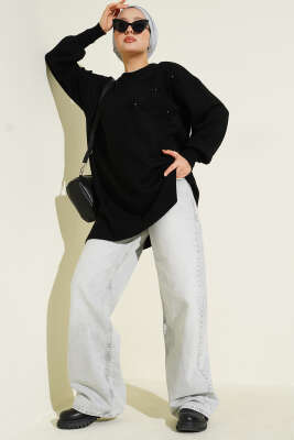 Çiçek Detaylı Yumoş Triko Tunik Siyah - 300-500 TL Ürünler