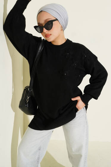 Çiçek Detaylı Yumoş Triko Tunik Siyah - Tunik