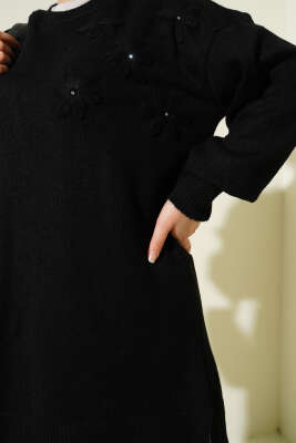 Çiçek Detaylı Yumoş Triko Tunik Siyah - Tunik