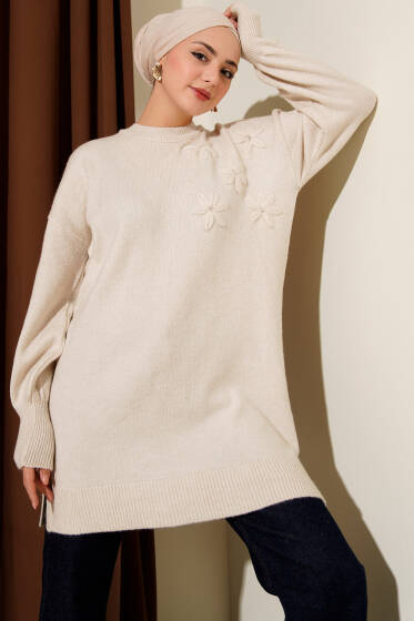 Çiçek Detaylı Yumoş Triko Tunik Taş - Tunik