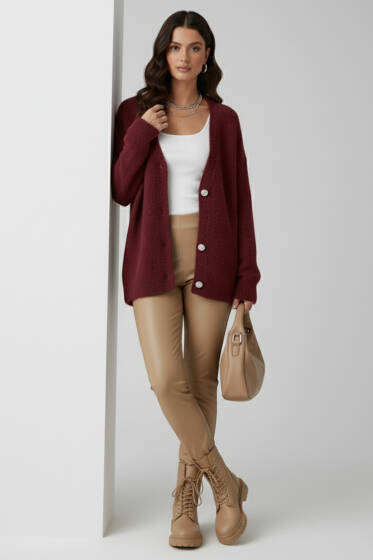 Çiçek Düğme Detaylı Triko Hırka Bordo - Kadın Giyim Modelleri