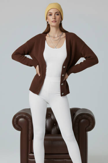 Çiçek Düğme Detaylı Triko Hırka Kahve - Kadın Giyim Modelleri