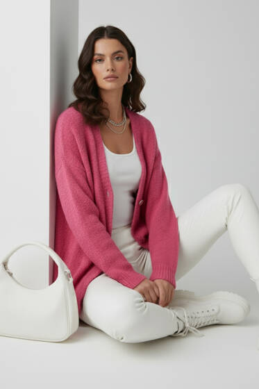 Çiçek Düğme Detaylı Triko Hırka Pembe - Kadın Giyim Modelleri