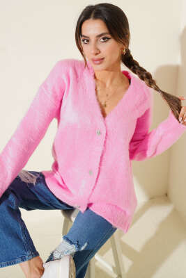 Çiçek Düğme Detaylı Triko Hırka Pembe 