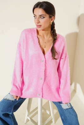 Çiçek Düğme Detaylı Triko Hırka Pembe - Kadın Giyim Modelleri