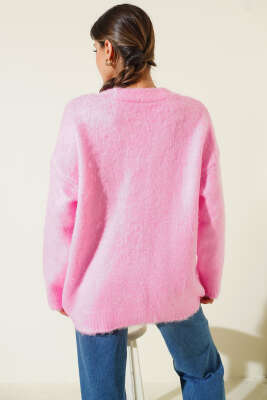 Çiçek Düğme Detaylı Triko Hırka Pembe - Kadın Giyim Modelleri