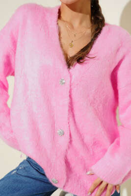 Çiçek Düğme Detaylı Triko Hırka Pembe - Kadın Giyim Modelleri