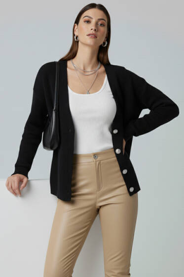 Çiçek Düğme Detaylı Triko Hırka Siyah - Kadın Giyim Modelleri