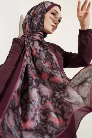 Çiçek Esintisi Soft Şal Mürdüm - Başörtüsü