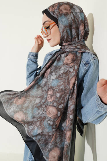 Çiçek Esintisi Soft Şal Siyah Mavi - Başörtüsü