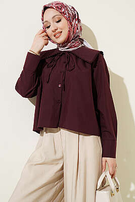 Çiçek Güpürlü Önlük Yaka Kısa Gömlek Bordo - VAV TEKSTİL