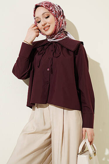 Çiçek Güpürlü Önlük Yaka Kısa Gömlek Bordo - Gömlek