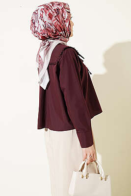 Çiçek Güpürlü Önlük Yaka Kısa Gömlek Bordo - Gömlek