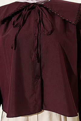 Çiçek Güpürlü Önlük Yaka Kısa Gömlek Bordo - Gömlek