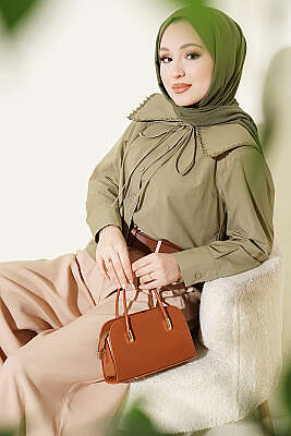 Çiçek Güpürlü Önlük Yaka Kısa Gömlek Çağla Yeşili - VAV TEKSTİL